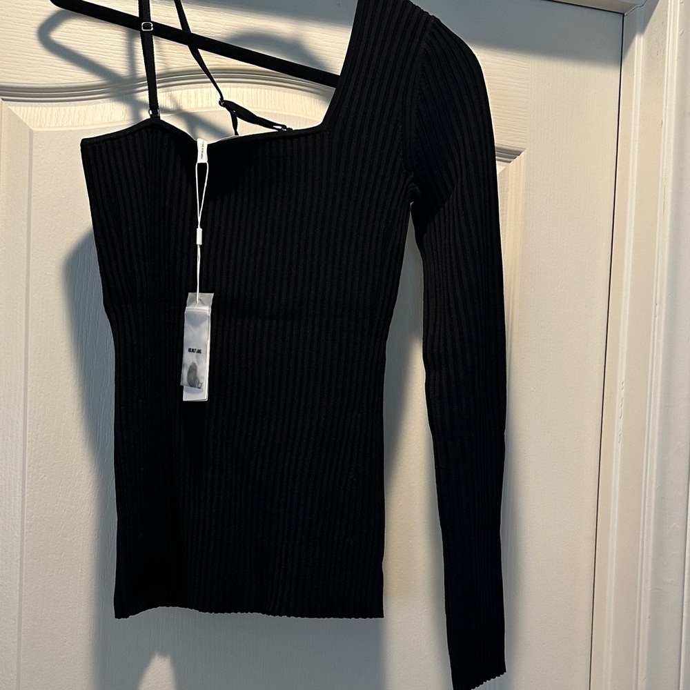 Helmut Lang Black Ribbed One-Shoulder Long Sleeve Top